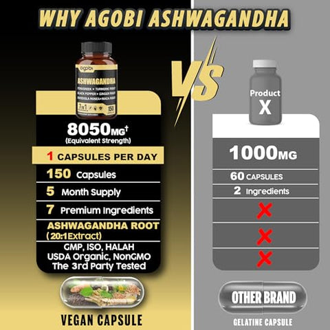 agobi - Ashwagandha Extrato Cápsulas 7 Ingredientes Naturais 8050 mg – Mistura de Fenacho, Maca, Cúrcuma, Rodiola, Gengibre
