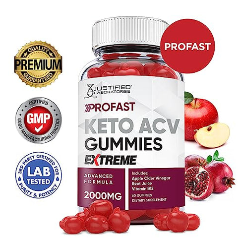 Justified Laboratories - (2 Pacotes) Gomas de ProFast Keto ACV Fórmula Extrema 2000MG Pro Fast Vegan Non GMO com Suco de Romã Beterraba B12 120 Gummys