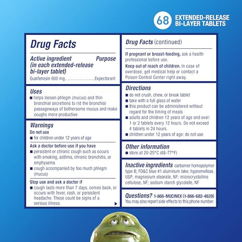 12 Horas, 68 comprimidos de liberação prolongada de 600 mg de Guaifenesina alivia a congestão no peito causada por excesso de muco – Recomendado pelo médico, expectorante OTC #1 - Mucinex