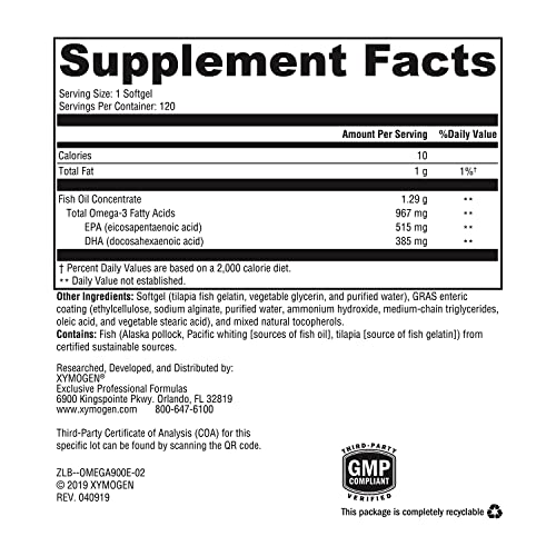 OmegaPure 900 EC – Óleo de Peixe Ômega 3 Certificado Alaskan IFOS Five-Star – Suporte à Saúde das Articulações, Cardiovascular e Cerebral (120 cápsulas) - XYMOGEN