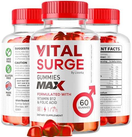 LIVORKA - Vital Surge Gummies Masculinos – Gomas de Desempenho para Homens, Fórmula Avançada de Força Máxima VitalSurge, VitaSurge para Homens Vitale Vita, 1050MG (60 Gomas)