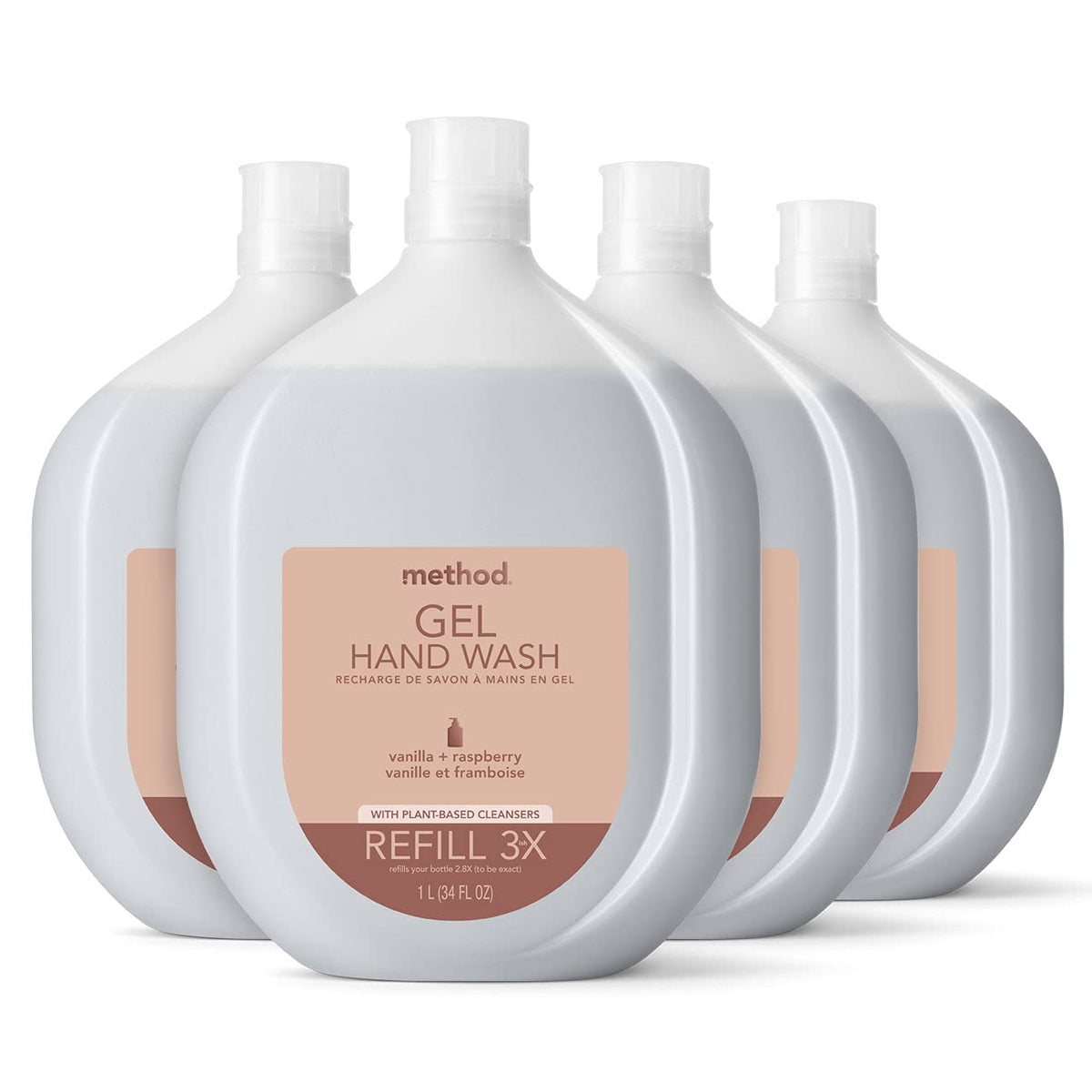 Recarga de Sabonete Líquido Method Premium Gel, Baunilha Framboesa, Frasco Reciclável, Fórmula Biodegradável, 1000 ml (Pacote com 4)