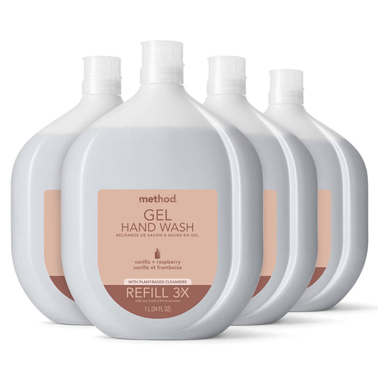 Recarga de Sabonete Líquido Method Premium Gel, Baunilha Framboesa, Frasco Reciclável, Fórmula Biodegradável, 1000 ml (Pacote com 4)