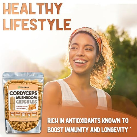 Cápsulas de Pó de Cogumelo Cordyceps – 360 Unidades (Fornecimento de 180 Dias) – Nossas Cápsulas Premium de Cogumelo Cordyceps Contêm Cogumelos Reais (Cordyceps Sinensis) para Apoiar - XPRS Nutra