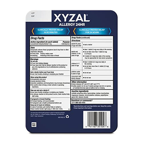 24-Horas de Alívio de Alergia, 55 Comprimidos (Embalagem com 2) – Força Original de Prescrição - Xyzal