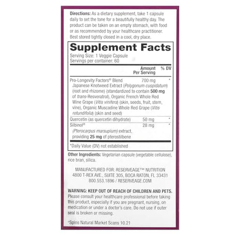 Reserveage Nutrition - Reserveage Beauty: Resveratrol 500 mg com Pterostilbeno, Suplemento Antioxidante para Suporte Imunológico