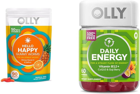 Hello Happy Gummy Worms – Suporte ao Equilíbrio do Humor com Vitamina D e Açafrão – 90 Unidades e Gummy Diário de Energia com Vitamina B12, CoQ10 e Goji Berry – 60 Unidades - OLLY