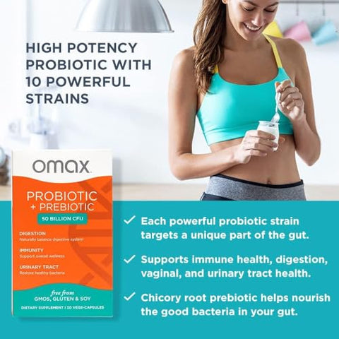 Vegan Probiótico Prebiótico, 50 Bilhões UFC, 10 Cepas Estudadas Clinicamente, Sem Laticínios, Não-OGM, Blister com 90 Cápsulas Vegetais - Omax3