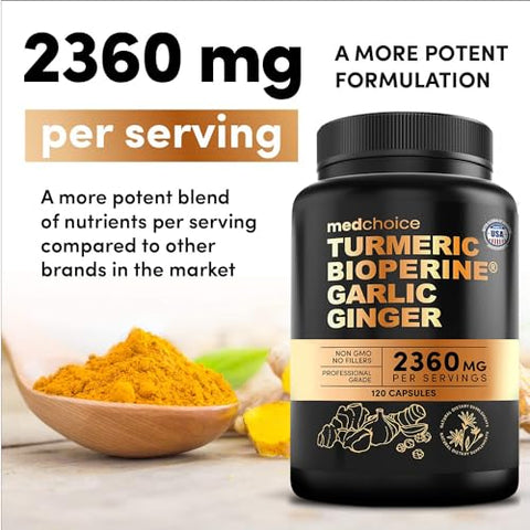 MEDCHOICE - Suplemento de Cúrcuma e Alho 4 em 1 com Bioperina 2360 mg (480 un) Cápsulas de Raiz de Gengibre com Alho – Cúrcuma Curcumina com Pimenta Preta para Articulações e Digestão