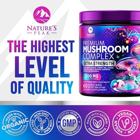 Nature's Peak - Blend em Pó de Suplemento de Cogumelo – Lion’s Mane, Chaga, Complexo Nootrópico 11 em 1 – 100g