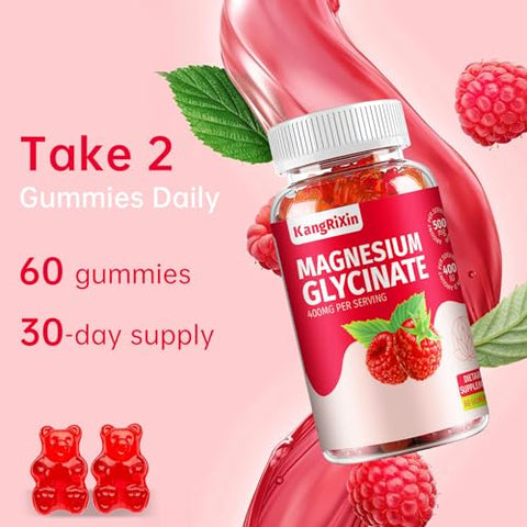 KangRiXin - Magnésio Glicinato Gummies – Suplemento de Magnésio e Potássio sem Açúcar para Adultos e Crianças, Gummies de Magnésio de Alta Absorção com Malato de Magnésio Livre de Gelatina – 120 Framboesas