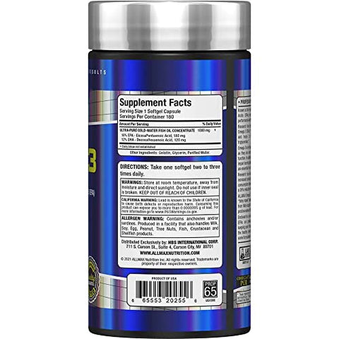 Ômega 3 Ultra-Puro Concentrado de Óleo de Peixe de Água Fria, 180 Cápsulas - ALLMAX Nutrition