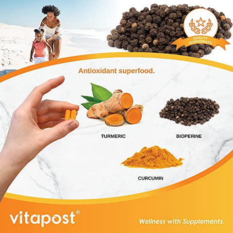 VitaPost - Turmeric Curcumin Plus: Suplemento de Curcuma com BioPerine para Suporte Articular, Saúde Muscular e Sistema Imunológico. 60 Cápsulas