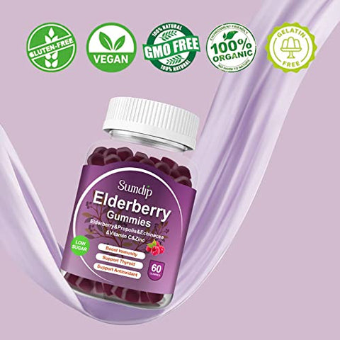SumDIP - Gomas de Sabugueiro Orgânicas com Zinco e Vitamina C – Suporte Imunológico – Sabor de Frutas Vermelhas – Vegano – Sem Transgênicos – Sem Glúten – 60 Gomas – 2 Pacotes