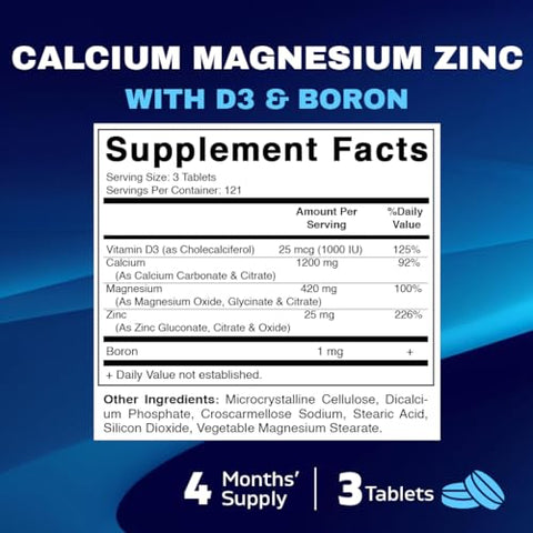 Cálcio Magnésio Zinco D3 Boro | 365 Comprimidos Revestidos | Cálcio 1200 mg, Magnésio 420 mg, Zinco 25 mg, Vitamina D3 1000 UI, Boro 1 mg | Não-OGM | Sem Glúten | 365 Tabletes | Marca Vitamatic - Vitamatic