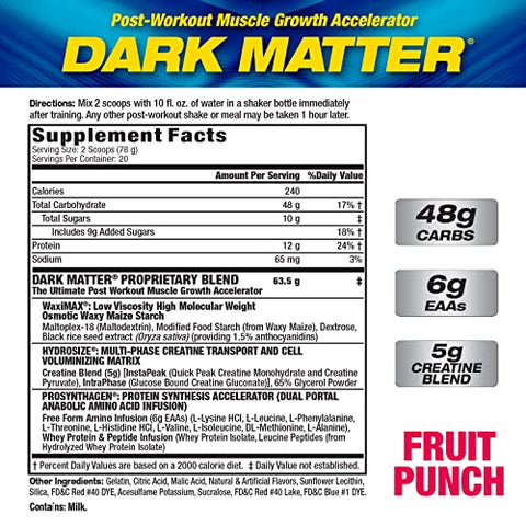 Maximum Human Performance - MHP Dark Matter Pós-Treino, Acelerador de Recuperação, c/ Creatina de Fases Múltiplas, Carboidrato de Milho Ceroso, 6g EAAs, Sabor Frutas Vermelhas, 20 Porções, 55g