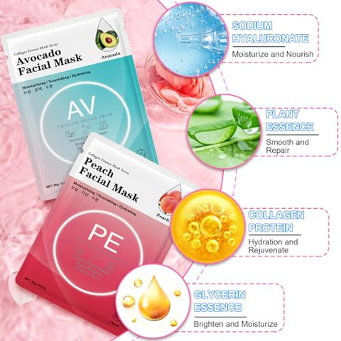 VESPRO - 100 Pacote Máscaras Faciais de Colágeno em Folha, Máscaras Faciais a Granel para Cuidados com a Pele, Máscaras Hidratantes para Todos os Tipos de Pele, Hidratação e Calmante, Cuidados Naturais com a Pele, Máscara Facial de Spa