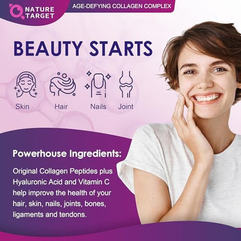 Pó de Colágeno Hidrolisado com Vitamina C e Ácido Hialurônico – Suporte para Pele, Cabelo e Unhas – Tipo I, II, III, V, X – 100g - NATURE TARGET