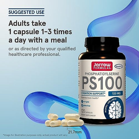 PS100 Fosfatidilserina 100 mg, Suporte para Saúde Cerebral e Cognição, 120 Cápsulas, Até 120 Dias de Fornecimento - Jarrow Formulas
