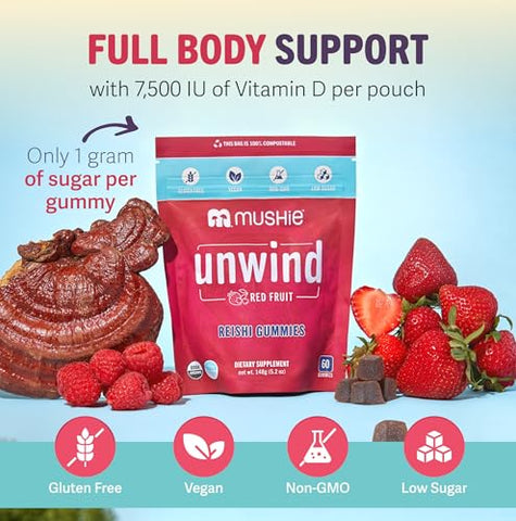 mushie - Mushie Gummies Orgânicos de Reishi – 60 Gummies, 2000mg de Cogumelos Reishi – Estresse, Relaxamento, Sono, Saúde Cardiovascular e Imunidade com Vitamina D – Vitaminas Veganas e Livres de Glúten