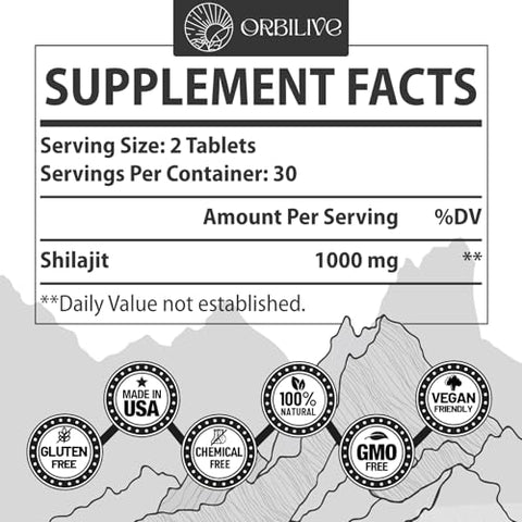ORBILIVE - 30,000 MG de Comprimidos de Shilajit, 100%% Puro Orgânico do Himalaia, para Homens e Mulheres, Rico em Ácido Fúlvico
