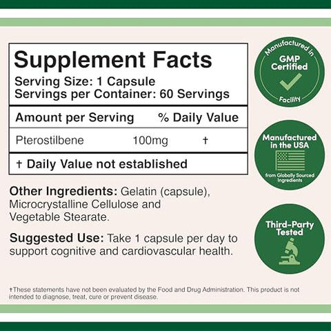 Double Wood Supplements - Pterostilbene 100mg Cápsulas (Testado por Terceiros) 60 Cápsulas, Superior ao Resveratrol, Antioxidante para Suporte à Longevidade (Não-OGM, Sem Glúten) por Double Wood
