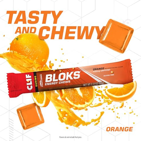 Energy Chews Laranja com 25mg de Cafeína – Sem GMO – Alimento à Base de Plantas – Energia Rápida para Ciclismo e Corrida – Lanche para Treino (2,1g, 18 Unidades) – Sortido - Clif Bloks