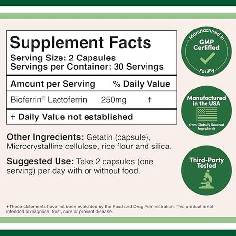 Double Wood Supplements - Lactoferrin 250mg por Porção (60 Cápsulas) Bioferrin Patenteado – Suplemento Superior de Ferro para Deficiência de Ferro e Suporte Imunológico por