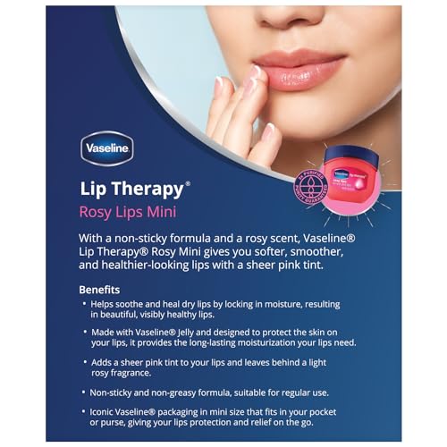 Lip Therapy Rosy Lips Mini – Geléia de Petróleo Pura, Hidratação Avançada, Fragrância de Rosa Leve, Tonalidade Rosa Suave nos Lábios, Mini Geléia de Petróleo Vaseline, Lábios Macios - Vaseline
