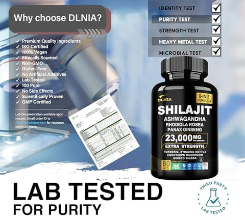 DLNIA - Shilajit Puro do Himalaia 9000MG com Rhodiola Rosea 1000MG, Ashwagandha 2000MG, Ginseng, Gingko Biloba, Cúrcuma, Cogumelo Cordyceps, Urtiga…