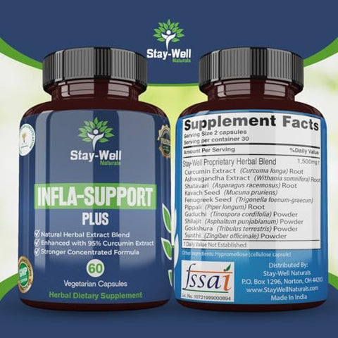 Stay-Well Naturals - Infla-Support Plus – Suplemento Herbal de 1.500mg com Extrato de Curcuma e Ashwagadha, Shatavari, Kavach, Fenugreek, Pippali, Guduchi, Shilajit, Goshura e Sunthi 60ct