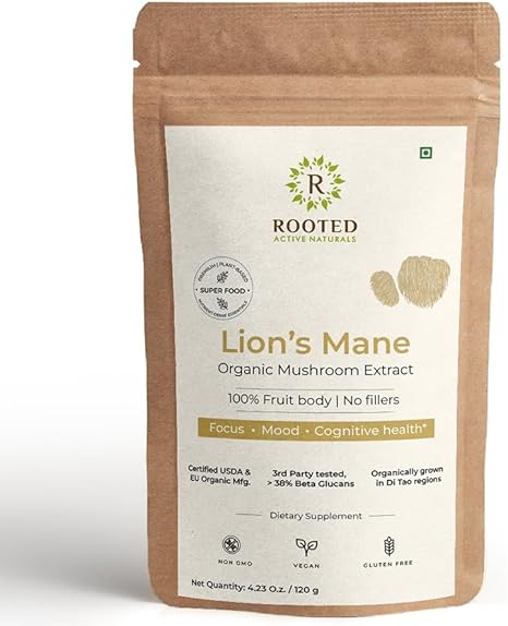 Extrato de Cogumelo do Leão Mane da ROOTED Active em Pó Orgânico USDA, 38% de Beta Glucanos Verificados | Cognição, Clareza, Foco | 38g
