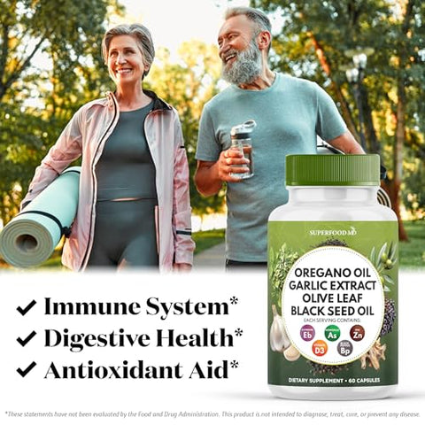 Superfood MD - Óleo de Orégano 6000mg Extrato de Alho 4000mg Folha de Oliveira 3000mg Óleo de Semente Negra 3000mg Suporte Imunológico Astragalus