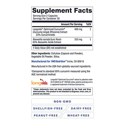 CurcuminMD Plus – Cúrcuma Curcumin com Boswellia Serrata – 285x Mais Absorvível | Rigidez nas Articulações, Recuperação Muscular e Suporte ao Humor | 120 Cápsulas (2-Pack) - 1MD Nutrition