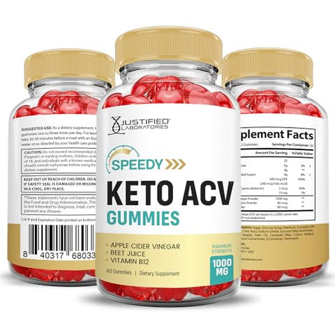 Justified Laboratories - Speedy Keto Gummies ACV 1000MG Fórmula Avançada – Maçã, Romã, Beterraba, B12 Vegan Non GMO 60 Gummys (60 Unidades)