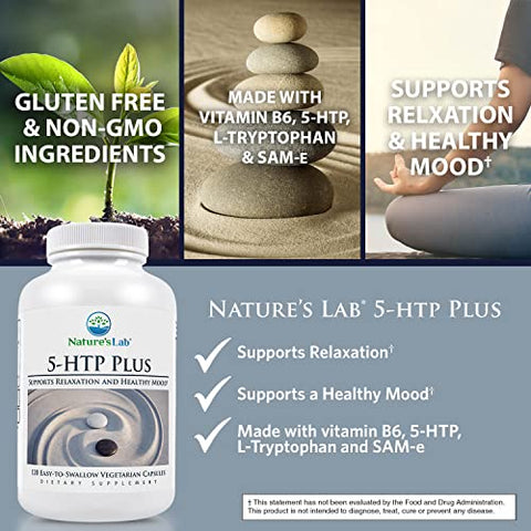 Nature's Lab - Nature’s Lab 5-HTP Plus 200mg – Suporte para Relaxamento e Humor Saudável – 120 Cápsulas