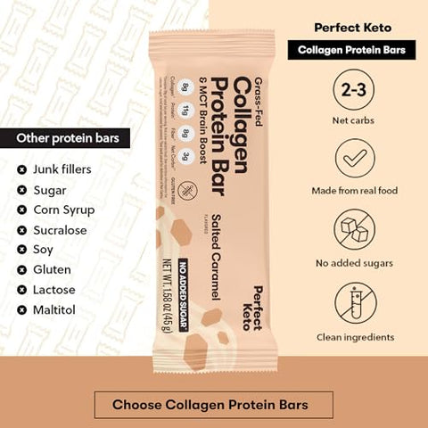 Barra de Proteína de Colágeno Perfect Keto, Sem Glúten com Colágeno de Pasto e Óleo MCT, Baixo Carboidrato, Sem Adição de Açúcar, Lanches de Alta Proteína, Alimentos para Dieta Keto, 10g de Proteína, 19g de Gordura, 2g de Carboidratos Líquidos