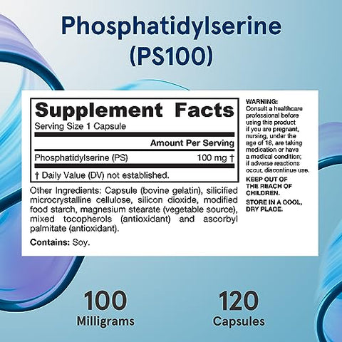 PS100 Fosfatidilserina 100 mg, Suporte para Saúde Cerebral e Cognição, 120 Cápsulas, Até 120 Dias de Fornecimento - Jarrow Formulas