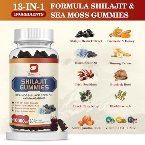 B BEWORTHS - Shilajit Resin Gummies: Suplemento de Musgo do Mar Irlandês com Óleo de Semente Preta, Ashwagandha e Ginseng Panax – 85 Minerais Traços