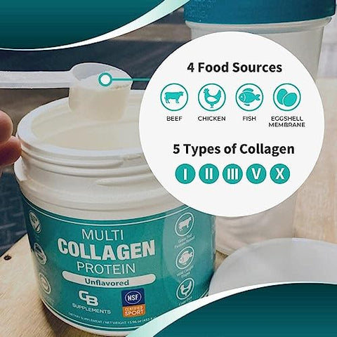 CB Supplements - Colágeno Multi Certificado NSF para Esportes em Pó – Suporte Ósseo, Pele, Cabelo e Articulações | Suplemento de Colágeno Hidrolisado (58 Porções – Embalagem de 1 unidade, Sem Sabor)