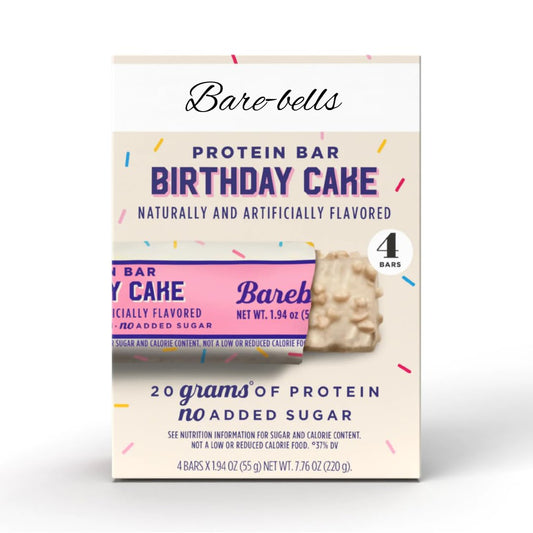 Generic - Bare-bells Barras de Alta Proteína, Sabor Bolo de Aniversário, 20g Proteína, 54g, 4-Pack