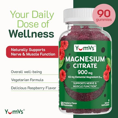 YUM-V'S - Magnesium Citrate Gummies YumVs | 900mg Citrato de Magnésio (102mg de Magnésio Elemental) | Citrato Altamente Absorvível | Suporta Nervos, Enzimas |