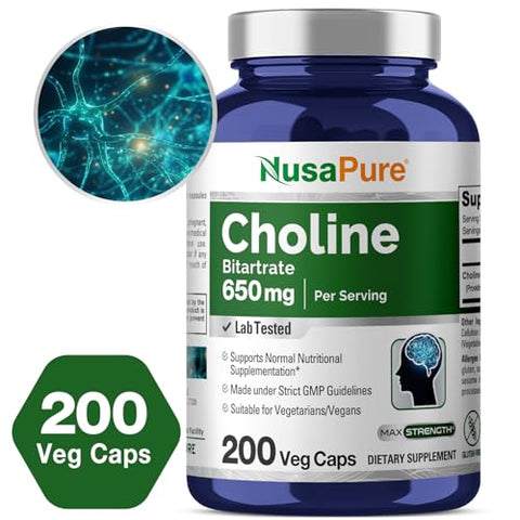 Choline Bitartrate 650 mg – 200 Cápsulas Vegetarianas (Vegano, Livre de Transgênicos) - NusaPure