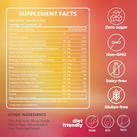 Vitamax Health - Optimal Energy – Limonada – Pó Hidratante para Recuperação sem Açúcar | Complexo de Vitaminas B, Eletrólitos | Mistura para Bebida em Sachês | Fácil de Abrir | Não-OGM | 30 Porções