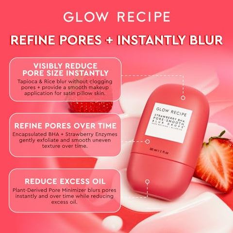 Conjunto de cuidados com a pele Glow Recipe Smooth Skin Sailing – Hidratante Facial Watermelon Glow Pink Juice (25ml) + Redutor de Poros Strawberry BHA (30ml)