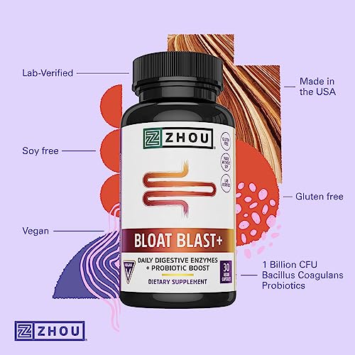 ZHOU - Zhou Nutrition Bloat Blast Enzimas Digestivas com Probióticos, Alívio de Inchaço para Mulheres e Homens, Reduz Retenção de Líquidos e Melhora a Saúde Digestiva, Vegano, Não-OGM, Sem Glúten