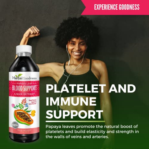 Herbal Papaya - Papaya Leaf Blood Support Liquid – Extrato de Folha de Mamão – Plaquetas Saudáveis, Limpeza do Sangue, Digestão, Enzima de Mamão – 12oz Líquido – Herbal Goodness (1 frasco)