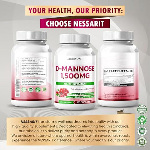 NESSARIT - D-Mannose 2,600MG – Potência Elevada com Cranberry, Pimenta Preta – Suporte ao Trato Urinário Saudável, Limpeza da Bexiga – 150 Comprimidos – Fabricado