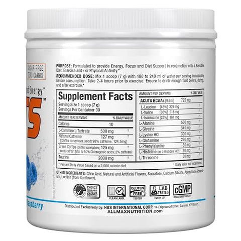 AMINOCUTS (ACUTS) – Bebida Energética Amino-Carregada com Taurina, L-Carnitina, Extrato de Café Verde, Sabor Framboesa Azul, 36 Porções - ALLMAX Nutrition