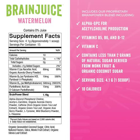 Suplemento de Suporte Cerebral com Nootrópicos, Pó sem Glúten para Energia e Foco, Mistura para Bebida com L Teanina, Alpha GPC, Vitamina B, Extrato de Chá Verde Orgânico com Cafeína, 100g - BrainJuice